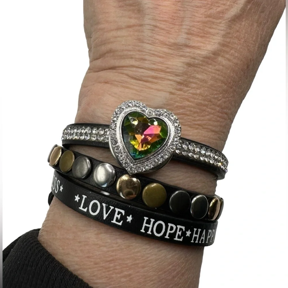 Black Leather Heart Snap Criss Cross Bracelet & Multicolor 18mm Ginger Snap NWT